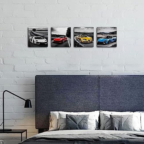 4-Piece Sports Car Canvas Wall Art Set, 8x8 Inch Racing Car Prints Decor