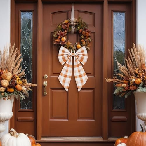 Orange Fall Plaid Wreath Bows 2-Pack - Large Burlap Front Door Decor