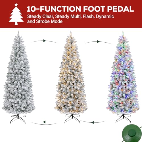 Hykolity 6 ft Slim Snow Flocked Christmas Tree with 200 LED Lights & 10 Modes