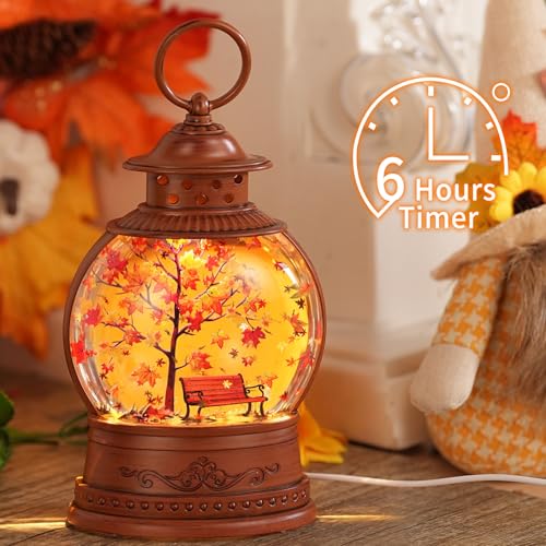 Lighted Autumn Snow Globe Lantern with Timer - Fall Thanksgiving Decor