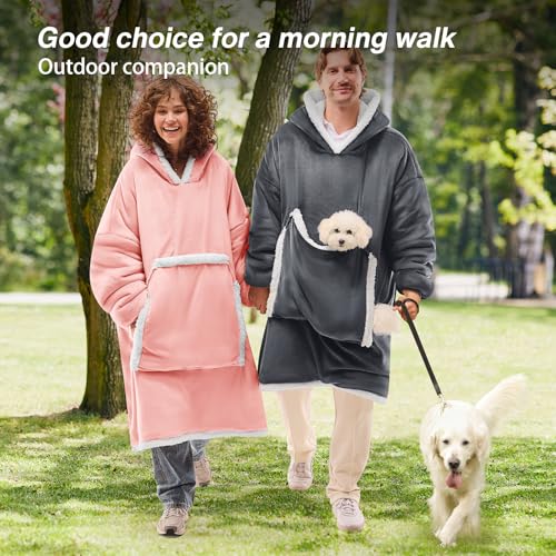 Oversized Wearable Blanket Hoodie with Pet Pocket - Soft Sherpa Fleece