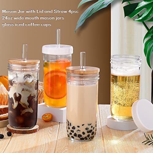 24 oz Glass Mason Jar Cups with Lids and Straws - 4 Pack Iced Coffee Set