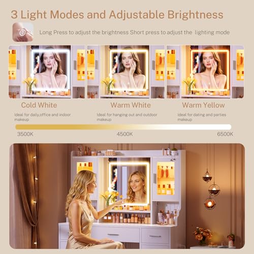 Large Vanity Desk with LED Mirror, RGB Cabinets, Drawers & Power Outlet