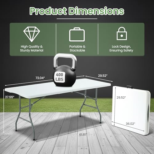6ft Heavy Duty Folding Table, Portable HDPE Plastic Fold-in-Half Table