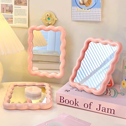 Pink Wave Desk Vanity Mirror Small Makeup Mirror Portable Office Table