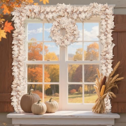 2-Pack Artificial Muted White Maple Leaf Garland 6ft - Neutral Fall Decor