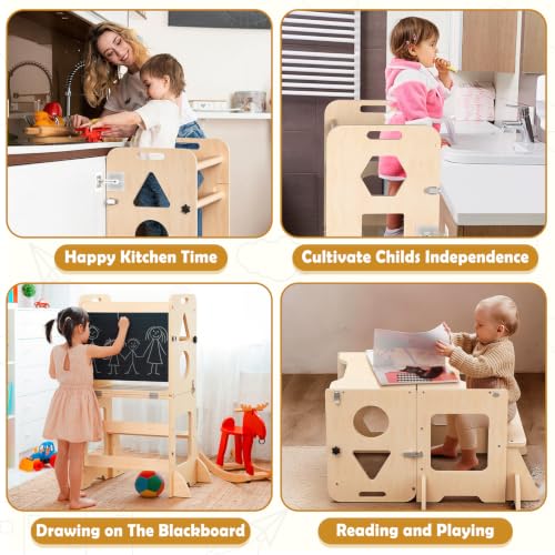 4-in-1 Wooden Toddler Learning Tower & Kitchen Step Stool with Blackboard
