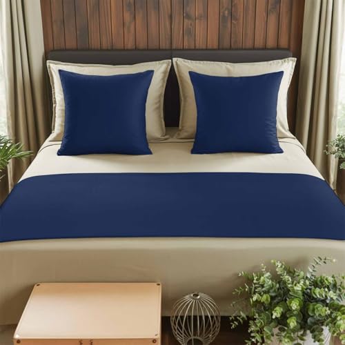 Navy Blue Bed Runner and 2 Pillow Covers Set for Queen Bed - Plush Scarf