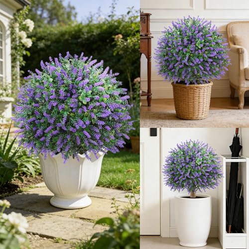 22-Inch Artificial Lavender Topiary Ball Trees, UV Resistant 2-Pack