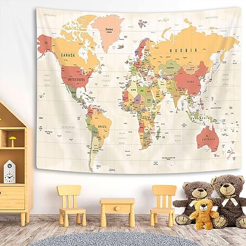 Topographic World Map Tapestry - Beige Fabric Wall Hanging (40x30 in)