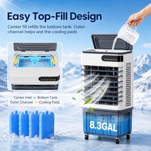 Portable Evaporative Air Cooler 2800 CFM Swamp Cooler with 8.3 Gal Tank