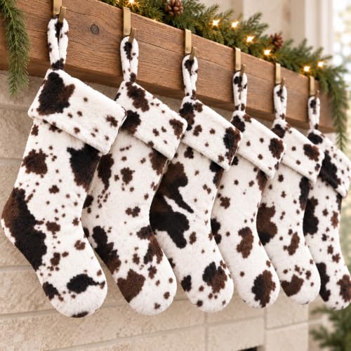ELEGANTPARK 6 Pack Cow Print Christmas Stockings - 20 Inch Faux Fur Farmhouse Holiday Decor