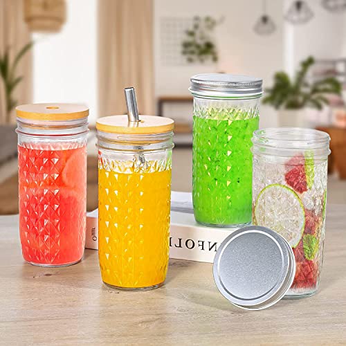 ASANMEYO Clear Glass Mason Jar Set 24oz with Bamboo & Airtight Lids, Reusable Drink Cups for Smoothies & Iced Coffee