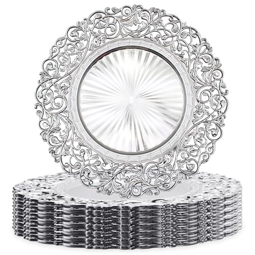 13-Inch Silver Charger Plates Set (12) Design B – Elegant Plastic Placemats for Dinner Tables