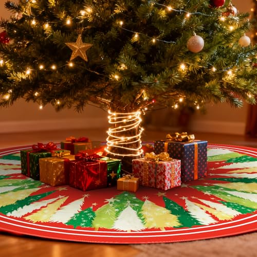 Red Tree Christmas Tree Skirt 48 Inch Rustic Holiday Decor with Yellow Star - Farmhouse Style
