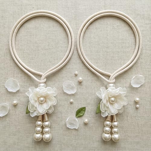 Adjustable Hand-Woven Curtain Tiebacks with Silk Flower and Pearl (Set of 4)