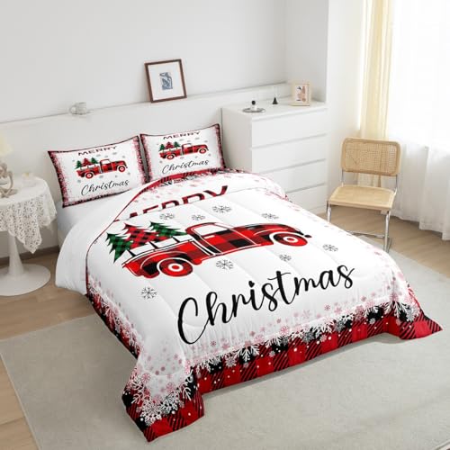 Homewish Christmas Truck Pine Tree Queen Comforter Set with Pillowcases - Holiday Bedding