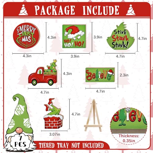 7 Pcs Merry Christmas Tiered Tray Decor, Red Green Xmas Truck Stink
