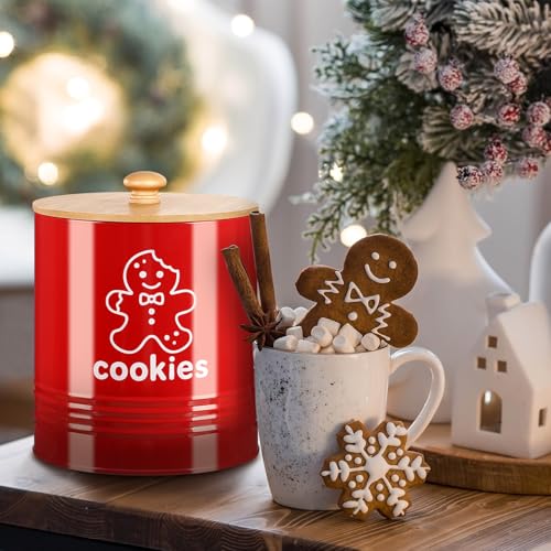 LEIFIDE Red Christmas Cookie Jar with Airtight Bamboo Lid 1.1 Gallon