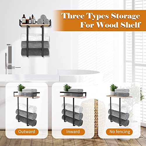 Wall Mounted Towel Rack with Wooden Shelf - Black Metal Bathroom Organizer