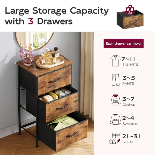 3-Drawer Fabric Nightstand with Wood Top, Compact Bedroom Storage Chest