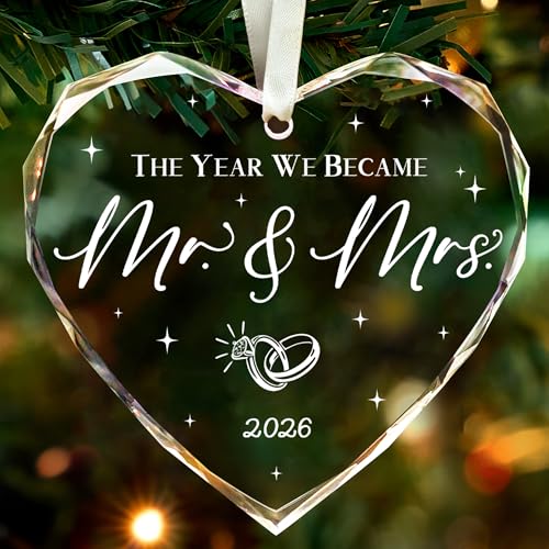 Mr and Mrs Heart Glass Ornament - Newlywed Wedding Gift for Couples