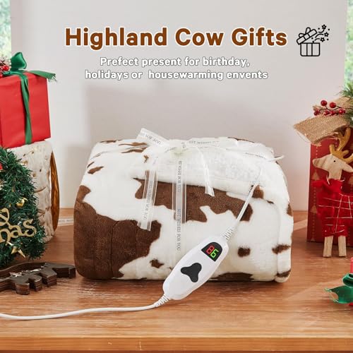 Highland Cow Heated Electric Throw Blanket, 50x60 Brown Sherpa Fleece