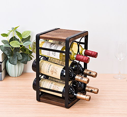 Brown Rustic Wood Countertop Wine Rack - Holds 6 Bottles, No Assembly Needed