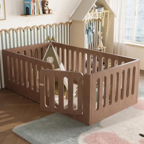Twin Size Montessori Floor Bed Frame with High Fence and Door, Natural Wood