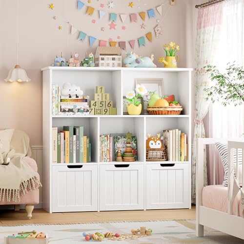 Kids Toy Storage Organizer with 3 Movable Drawers and Bookshelf, White