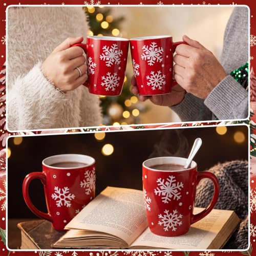 Bokon 4-Piece 12oz Snowflake Ceramic Mugs Set, Red