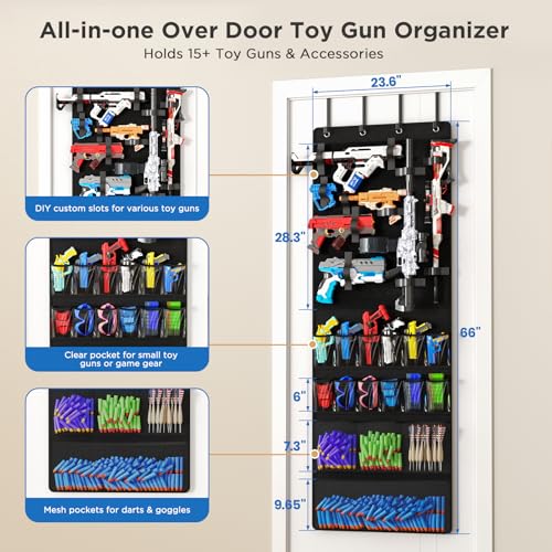 Over the Door Toy Gun Organizer with Pockets and Straps for Kids Rooms