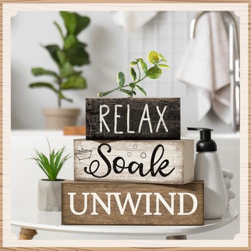 Farmhouse Wooden Bathroom Decor Set - Rustic Stackable Shelf Blocks