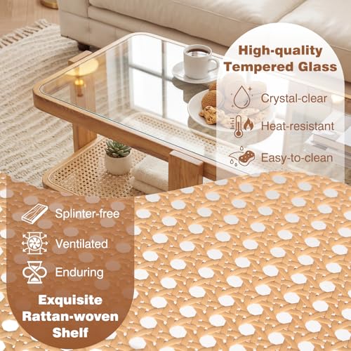 2-Piece Nesting Coffee Table Set with Rattan Accents and Glass Top