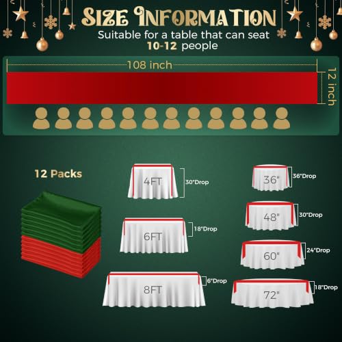 COSINIA 12 Pack Red & Dark Green Satin Table Runners 12 x 108 Inch - Seamless Design