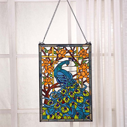 Stained Glass Peacock Window Panel Hanging - 15" W x 23" H
