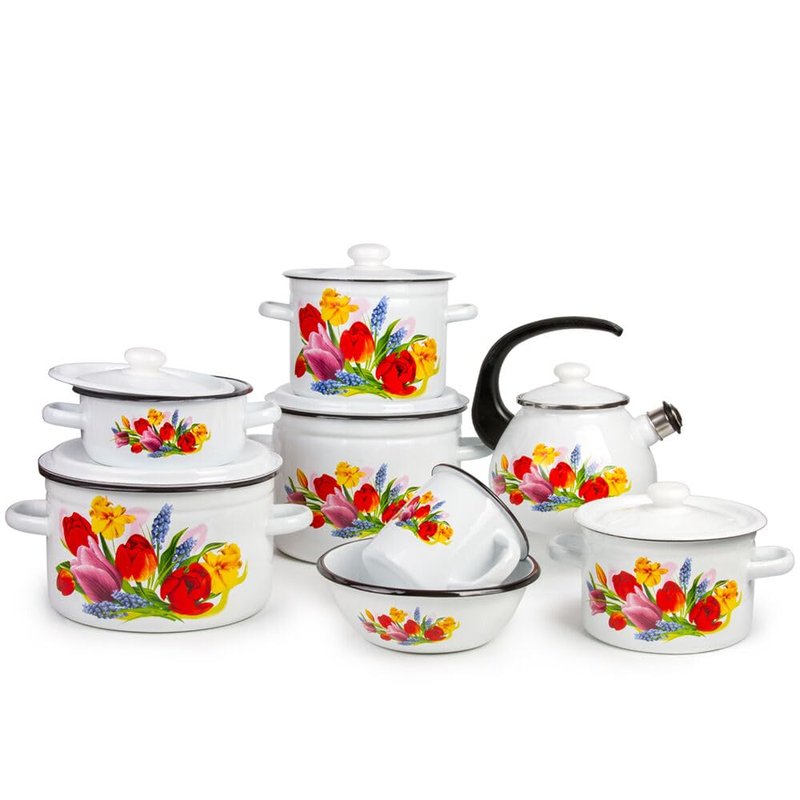 Enamel Kettle with Whistle 2.7 Qt (2.5 L) Stovetop Kettle with Ergonomic Handle, Enameled Steel Tea Pot for Stove Top, Vintage Kitchen Tea Kettle, Dishwasher and Induction Safe (Spring Bouquet)