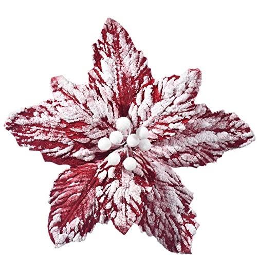 10 Pcs Snow Poinsettia Stems 10.6" Christmas Flowers Red & White - FuleHouzz