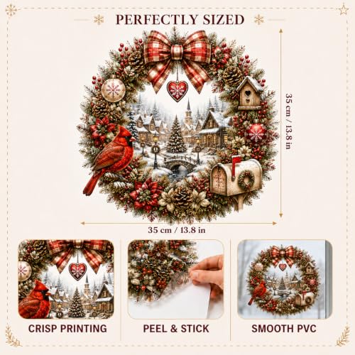 Christmas Wreath Wall Decal - Cardinal Winter Village Scene, 13.8 Inch, Peel & Stick Holiday Decor