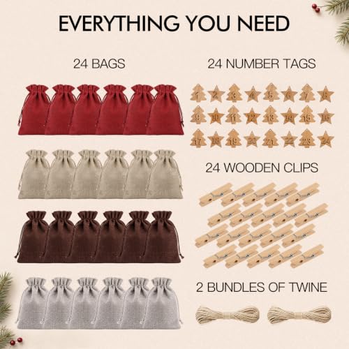 24-Pack Christmas Advent Calendar Gift Bags with Wooden Tags & Clips