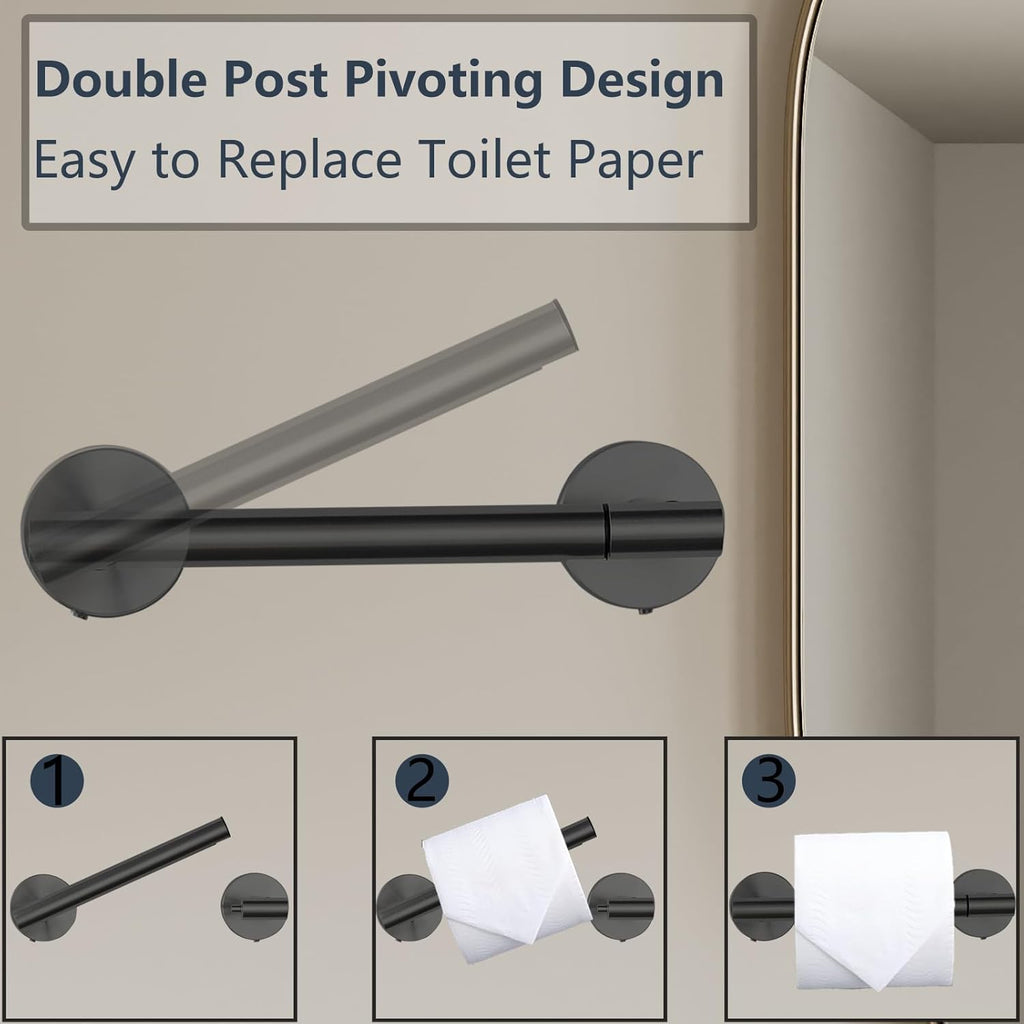 Skiennix Toilet Paper Holder - Double Post Pivoting Design, Rustproof Stainless Steel, Wall Mount, Black