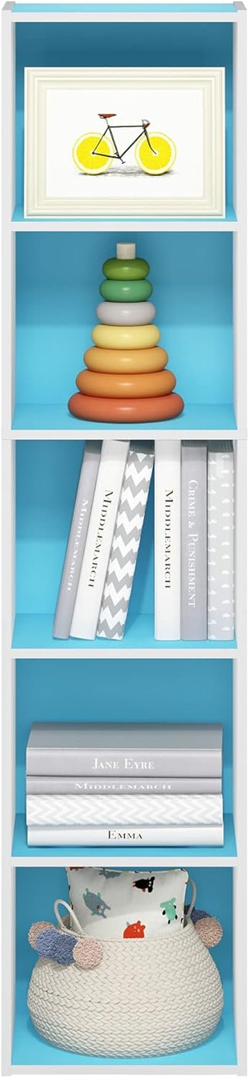 Furinno PASIR 5-Tier Modern Bookshelf - Easy Assembly Open Shelves Bookcase in Light Blue/White | 9 x 12 x 52 Inches