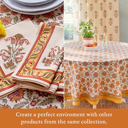 Lightweight Orange Cotton Bedspread - Hand Block Printed Floral Comforter 90x90 inches