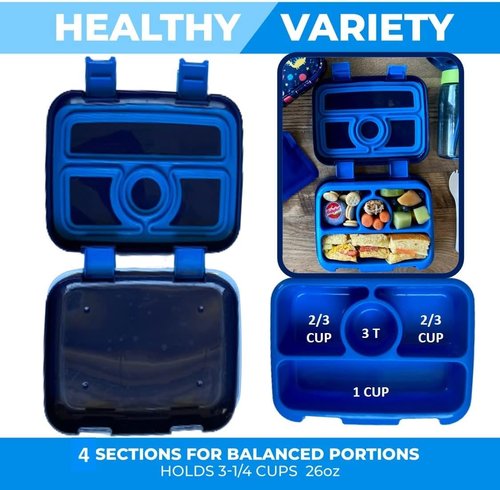 kinsho Kids Lunch Box - Bento Box for Boys Toddler Daycare, 4 Portion Sections with Lid, Snack Container Pre-School Kid Lunches Toddlers Removable Tray BPA Free, 3+ Years Old, Blue Rocket Dinosaur