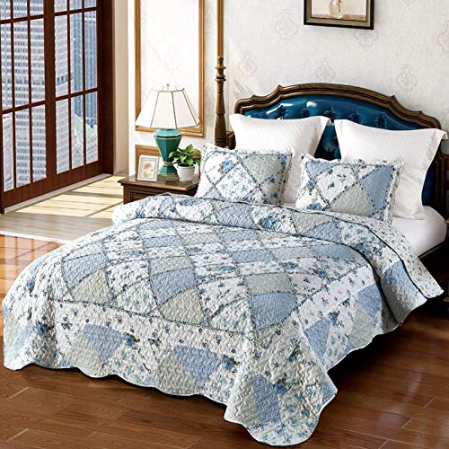 VIVILINEN Blue Floral Patchwork Quilt Set - 3 Piece Full/Queen Bedspread