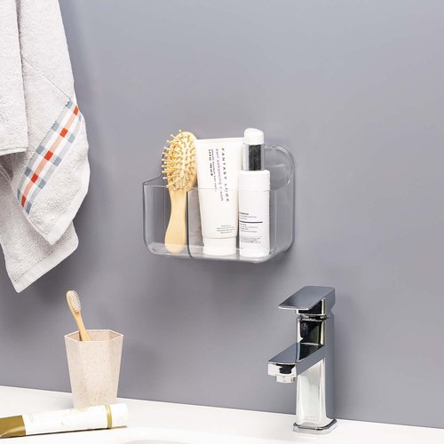 COLINCH No-Drill Wall Storage Basket – 2-Compartment Clear Acrylic Organizer Bin with Strong Adhesive, Easy to Install & Remove, Waterproof Shelf for Kitchen, Bathroom, Cabinet – Sandra Series