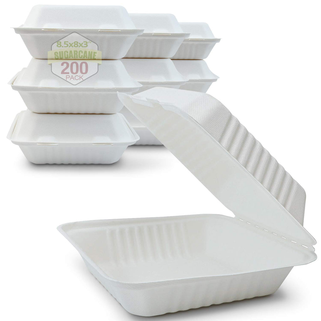 Green Earth 8-Inch, 200-Count, 1-Compartment, Compostable Clamshell, Natural Bagasse (Sugarcane Fiber), Take-Out/to-Go Boxes - Microwave-Safe