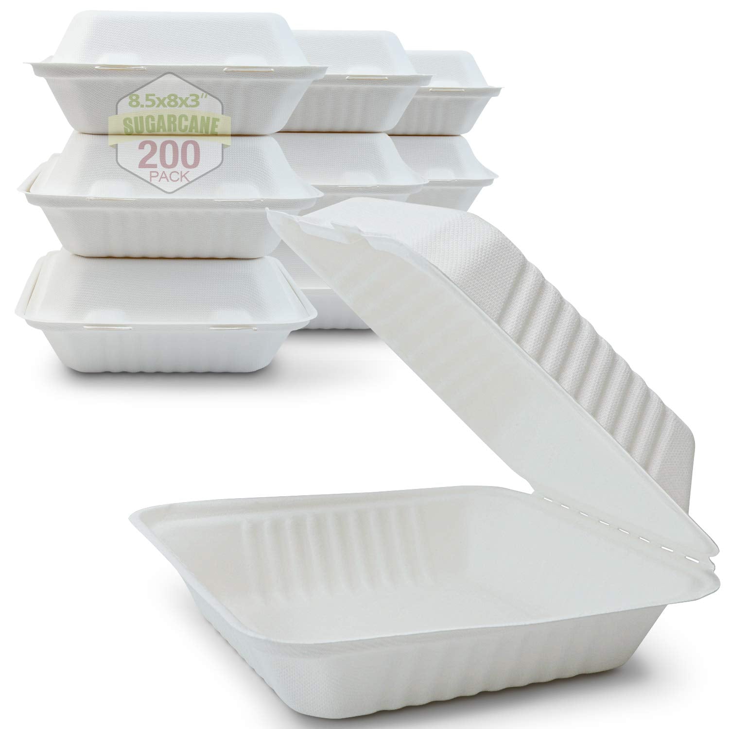 Green Earth 8-Inch, 200-Count, 1-Compartment, Compostable Clamshell, Natural Bagasse (Sugarcane Fiber), Take-Out/to-Go Boxes - Microwave-Safe