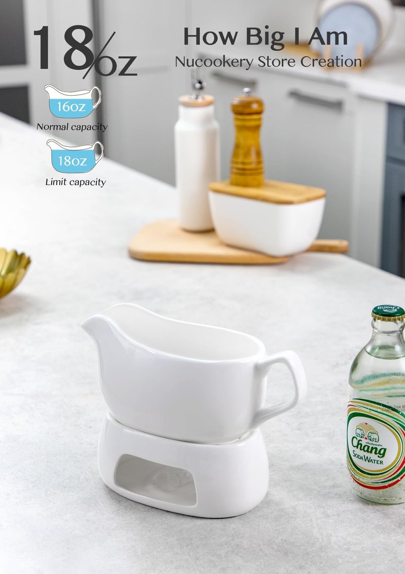 Nucookery Large 18 Oz Gravy Boat with Warmer, White Fine Porcelain Saucier With Big Dripless Lip Spout, Gravy Bowl For Thanksgiving, Warming Sauces, Salad Dressings, Microwave & Freezer Safe(Set of 2)