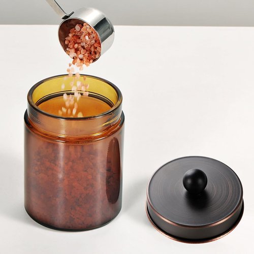 Amber Glass Qtip Holder Set | Apothecary Jars with ORB Metal Lid - Stylish Bathroom Organizer (3 Pack)